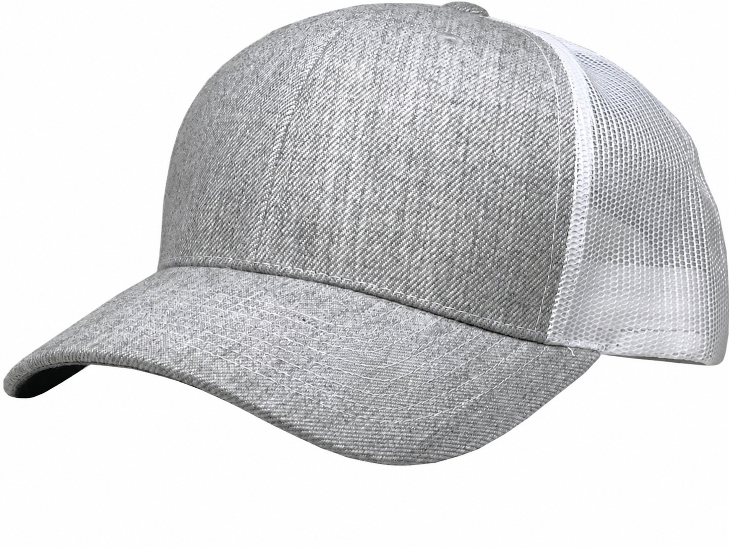 Heather Light Gray / White 6-panel mesh trucker front view